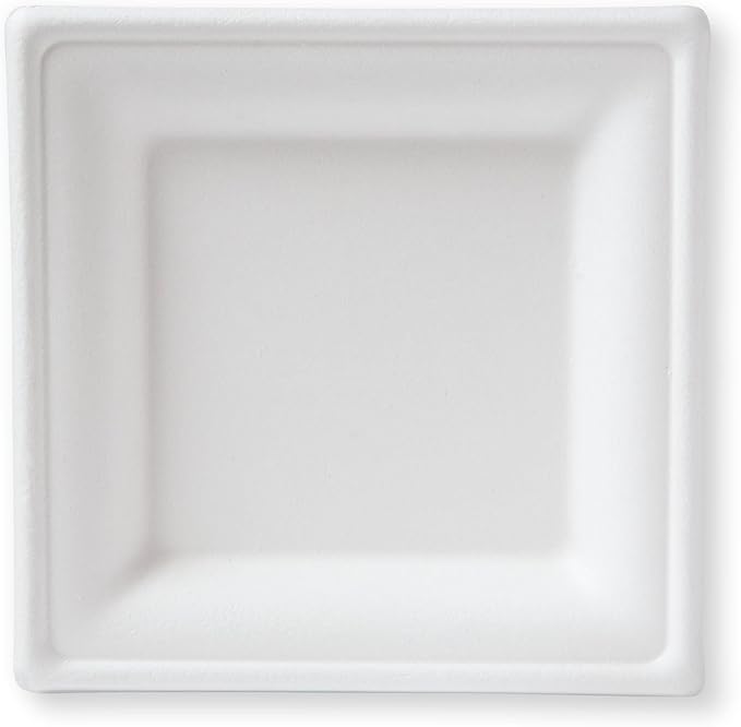 Susty Party 6-Inch Compostable Square Plates (50-Count), Sugarcane Heavy Duty Disposable Biodegradable Plate for Dessert, White