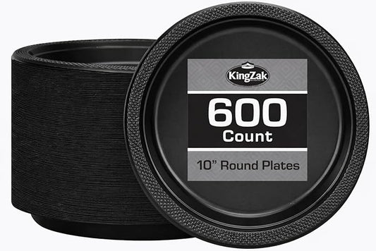 Hanna K. Signature Black Plastic Plates 10 Inch 600 Count – Heavy Duty Disposable Dinner Plates Bulk for Catering, Weddings & Events