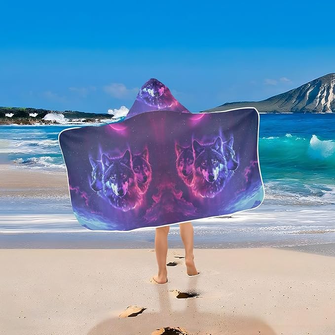 Hooded Towel for Kids Neon Wolves with Sharp Eyes Beach Wrap Bath Towels 50x23.5in