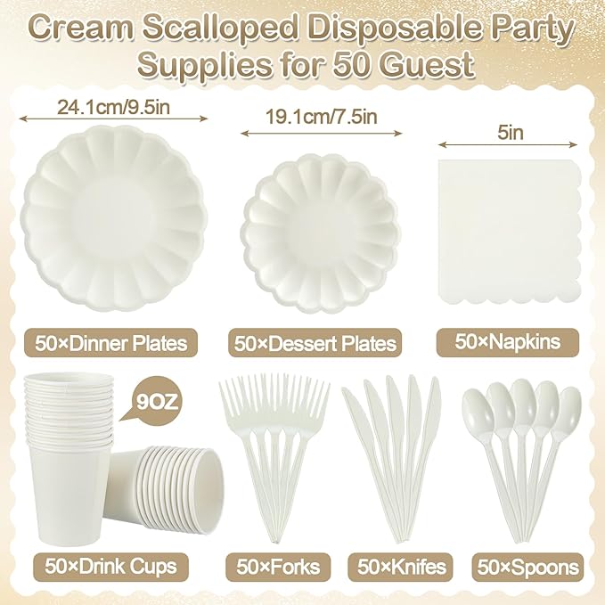 Newtay 350 Pcs Cream White Scalloped Paper Plates Shell Edge Disposable Tableware Cocktail Napkins Cups Plastic Spoons Forks Knives for Wedding Baby Shower Picnic Birthday Party Supply for 50 Guests
