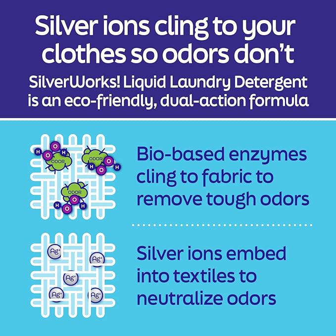 SilverWorks! Powerful Odor Eliminating Laundry Detergent Liquid, Silver Ion Technology, Laundry Odor Eliminator For Clothes, Cleans, Deodorizes & Protects, 33 fl oz, 66 Loads, Free & Clear, Pack of 2