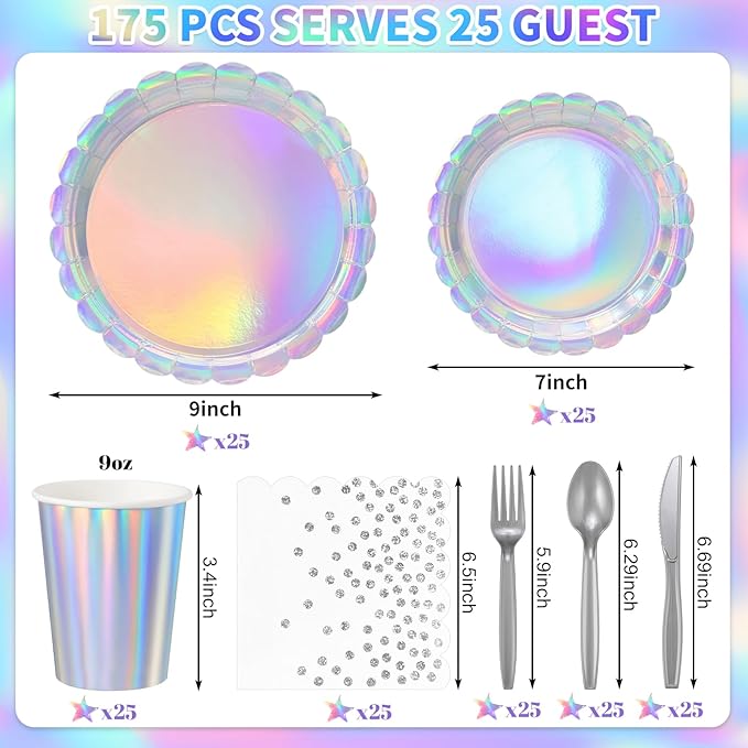 175 Pcs Iridescent Party Decorations Include 25 guest Scalloped Holographic Sliver Paper Plates and Napkins Set for Birthday, Bachelorette, Mermaid, Disco, Frozen