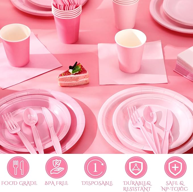 Nuogo 336 Pcs Pink Party Supplies Set Pink Paper Plates Napkins Cups Plastic Spoons Forks Knives Disposable Dinnerware for Birthday Baby Shower Wedding