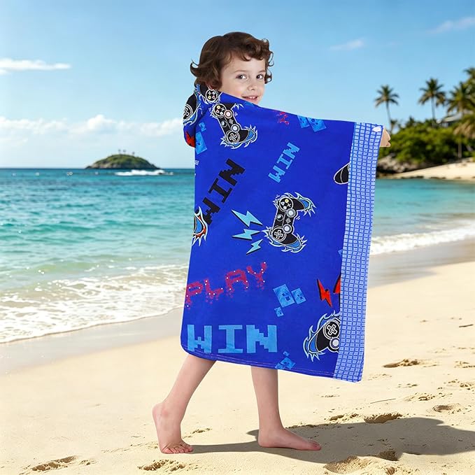 Hooded Towels for Kids - Superfine Fiber Video Gaming Gamepad Toddler Hood Bath Towels Beach Hooded Poncho Absorbent Pool Toddler Swim Bath Wrap for Boys & Girls 3-10 Years, 60 * 35 inches