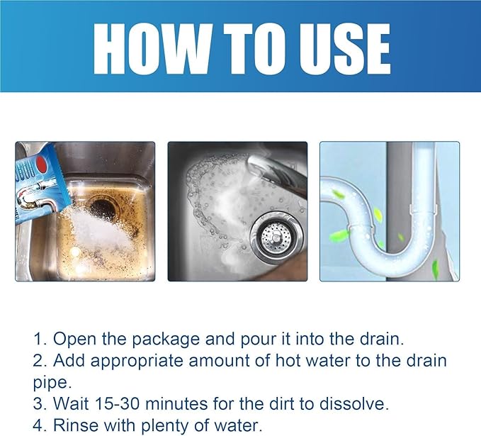 Household Drain Cleaner Powder, Quickly Dissolves Hair Grease Clogs In 30 Minutes, Suitable For All Standard Pipes(3 boxes)