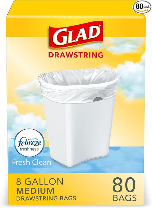 Glad Medium Trash Bags, 8 Gallon, Febreze Fresh Clean Garbage Bags, With Odor Control and Drawstring, 80 Count