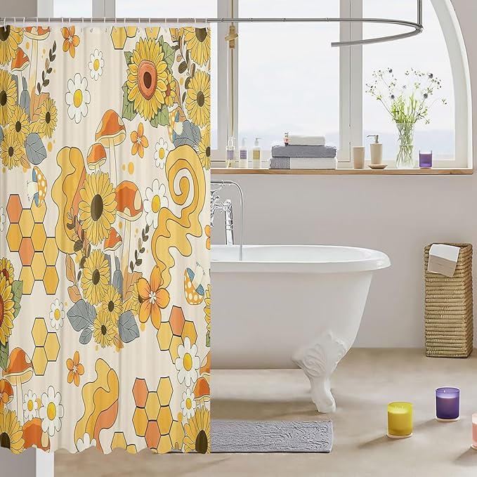 Erosebridal Groovy Flower Girls Shower Curtain for Kids, Yellow Florals White Daisy Bathroom Curtain All-Season, Trendy Honeycomb Printed Bath Curtains, Cute Bathroom Accessories, 72" W x 78" L