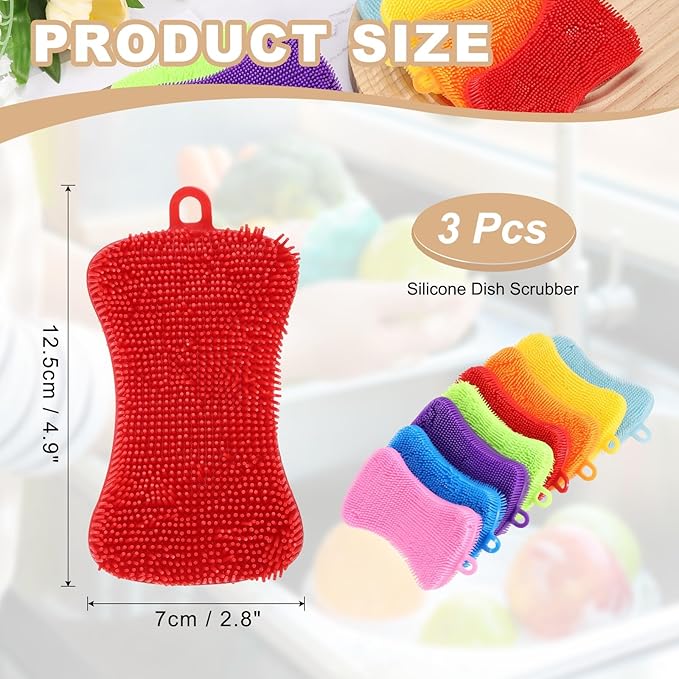 uxcell Silicone Dish Scrubber, 3 Pack Reusable Dishes Sponges Silicone Sponges Double Design for Kitchen Bathroom Cleaning Gadgets Accessories Countertop Cookware Pots Pans, Red