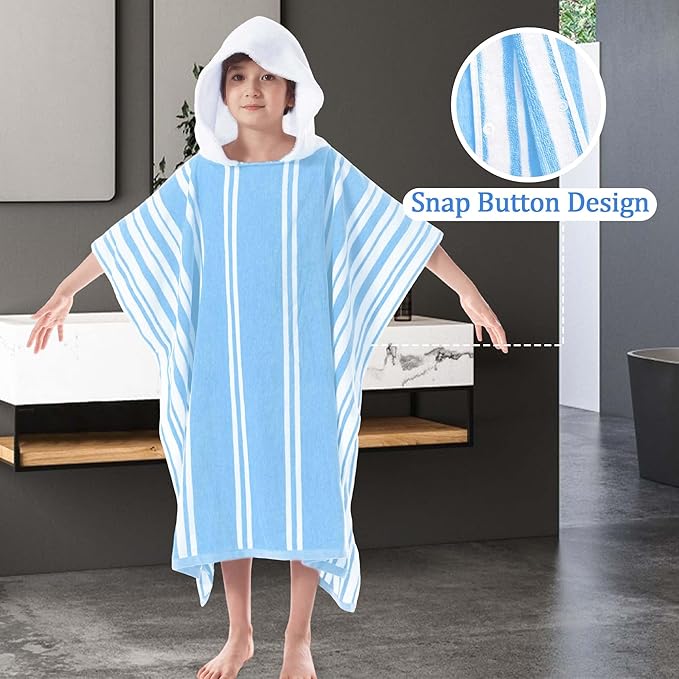 VOOVA & MOVAS Big Kids Poncho Towel with Hood - Teens Hooded Pool Towel Robe (8-16Years), Large and Absorbent Cotton - Versatile for Beach, Pool, Swim, and Bath,Light Blue Stripe