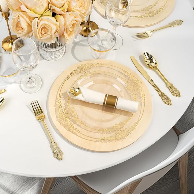 Bestluck 350PCS Clear Plastic Plates for 50 Guests, Disposable Dinnerware Sets Include 50 Gold Rim Plastic Plates, 25 Silverwares, 25 Cups, and 25 Pre Rolled Napkins for Party, Wedding and Graduation