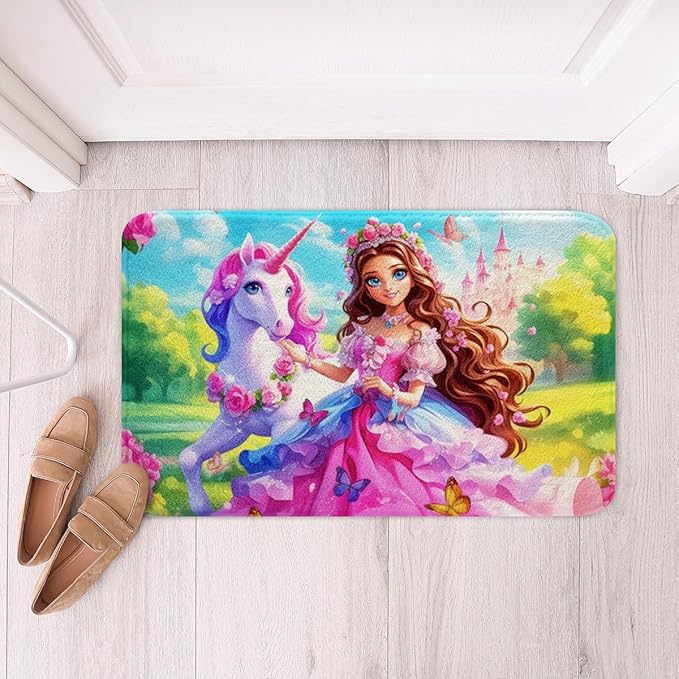 Princess Castle Kids Bath Mats,Cartoon Unicorn Butterfly Rose Flowers Mats Rugs for Girls,Tale Western Magical Bath Carpets,Pink Romantic Bath Rugs,Absorbent Floor Mats,16Wx24L Inches