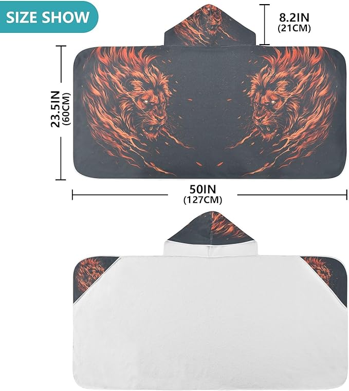 Hooded Towel for Kids Fire Lion Beach Wrap Bath Towels 50x23.5in