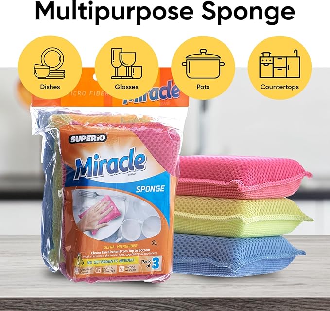 Superio Miracle Microfiber Sponges for Kitchen 3-Pack Red Yellow Blue, Kosher Non-Scratch Sponge Scrubber Heavy Duty Multi-Purpose Cleaning of Dishes, Pots, Pans and Counter tops, Machine Washable
