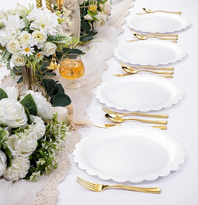 HEIPINIUYE 25 Pieces White Paper Plates 7 Inch White Scalloped Disposable Dinner Plates for Wedding Baby Shower Birthday Party Dessert Plate