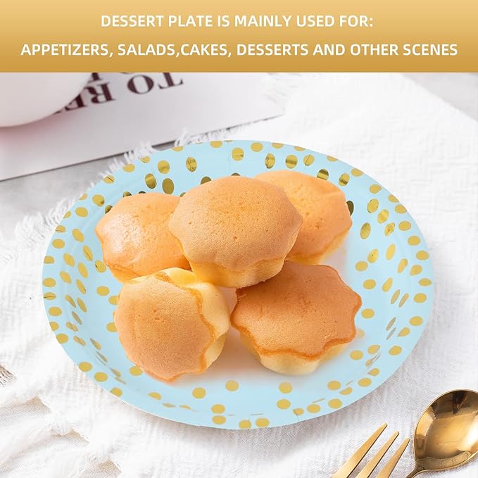 Blue and Gold Paper Plates,7INCH Blue Dessert Plates for Appetizers,Cakes,Salads and Fruits,Suitable for Baby Shower,Birthday,Wedding,Bridal Showers,Anniversary(100 PCS)