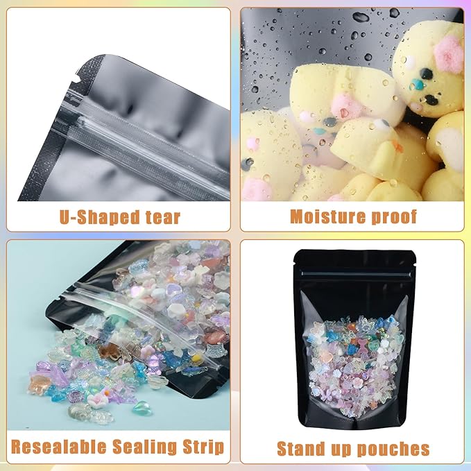 200 Mylar Bags for Food Storage 6X9 Mylar Bags with Window Large Candy Packaging Resealable Bags Black Stand Up Pouches Edible Packaging for Small Business