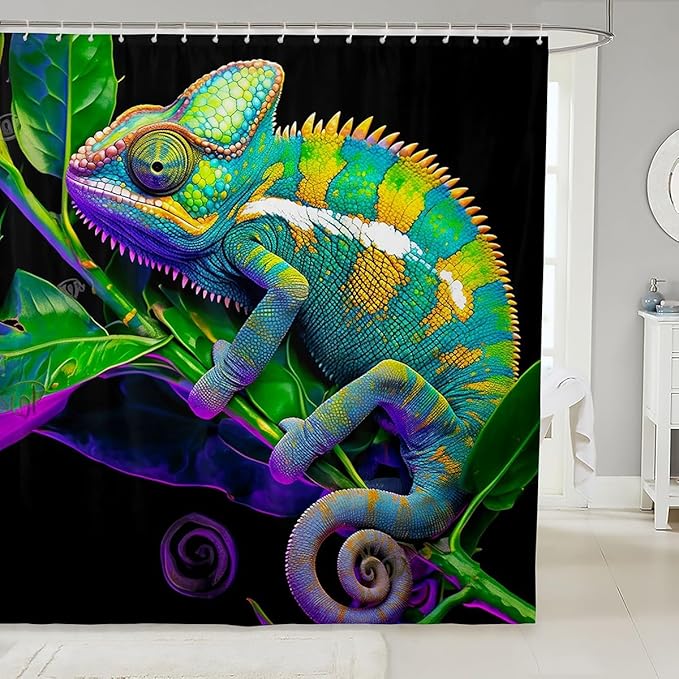 Colorful Chameleon Shower Curtain for Stalls Bathtubs Lizard Leaves Bathroom Shower Curtain Set Decorative Tropical Animal Bath Curtain Wildlife Style Decor Waterproof Bathroom Curtains 72x72 Inch