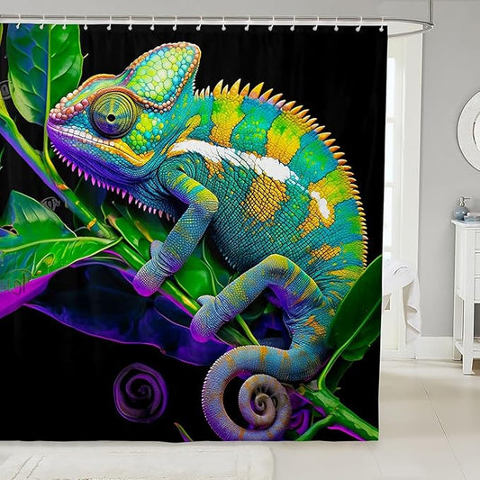 Colorful Chameleon Shower Curtain for Stalls Bathtubs Lizard Leaves Bathroom Shower Curtain Set Decorative Tropical Animal Bath Curtain Wildlife Style Decor Waterproof Bathroom Curtains 72x72 Inch