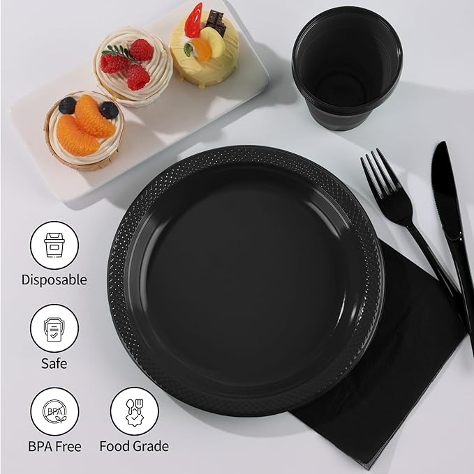 Black Plastic Plates, 25 Guest Disposable Dinnerware Set for New Year, Black Party Supplies, Includes 25 Dinner Plates, 25 Dessert plates, 25 plastic Cutlery, 25 Napkins and 25 12 oz Cups