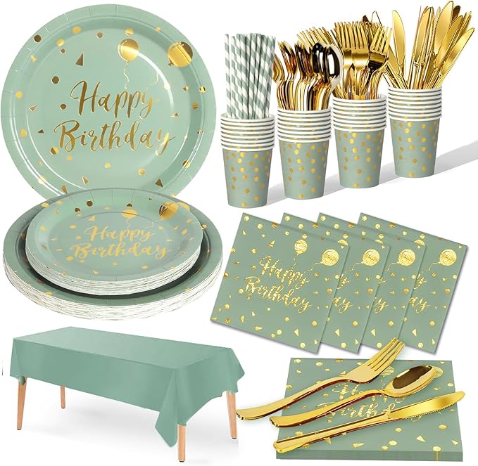 Nkaiso Birthday Party Tableware Set, 161 Pieces Sage Green and Gold Disposable Plates Napkins Cups & Cutlery, Serves 20 for Adult Birthday, Baby Shower, Wedding