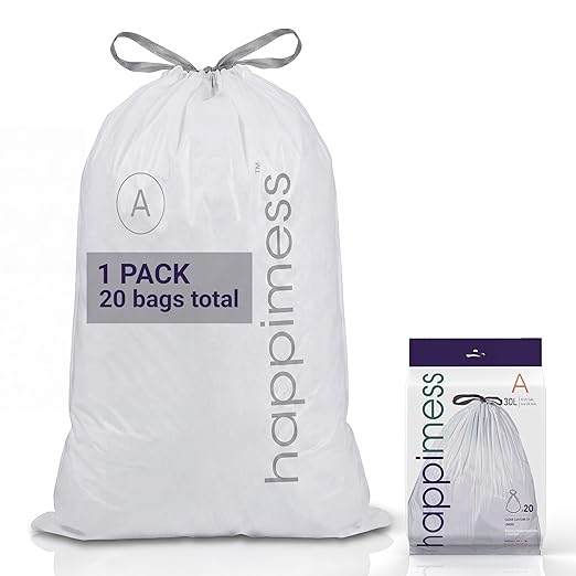 happimess 8 Gallon (30L) Drawstring Trash Bags, Unscented, Clear, Heavy Duty LDPE Liners for Kitchen and Household, Custom Fit, 20 Count (1 Packs of 20 Liners) HPM3000A-C-1SET
