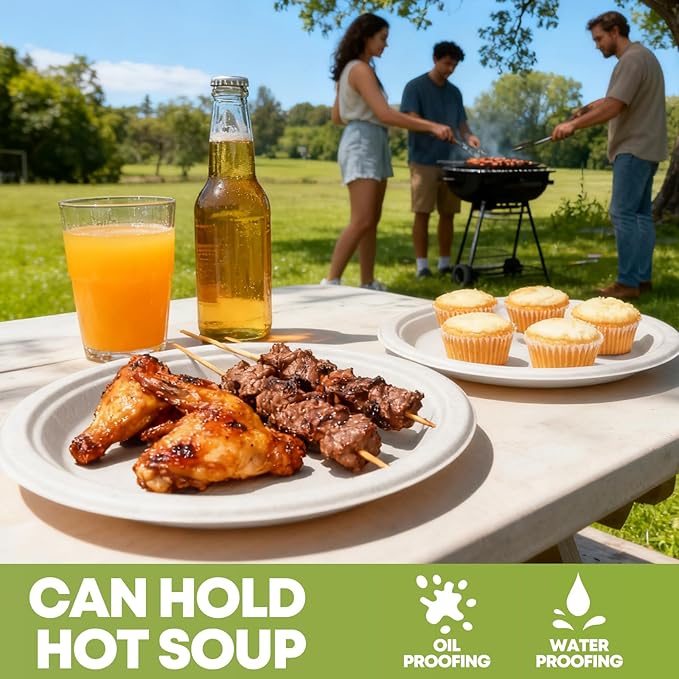 W&Y 100 Pack 9 Inch Paper Plates, Heavy-Duty Dinner Plates, Cut Resistant & 100% Compostable Disposable Paper Plate,Leak Proof & Microwave Safe for Parties, Weddings, Catering Events