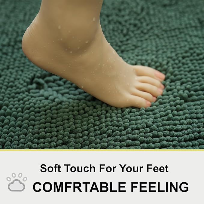 BOANKODU Bathroom Rugs Sets 2 Piece，47X16+16X24Inch，Absorbent Non-Slip Very Soft Chenille Mat,Machine Washable （Dark Green）