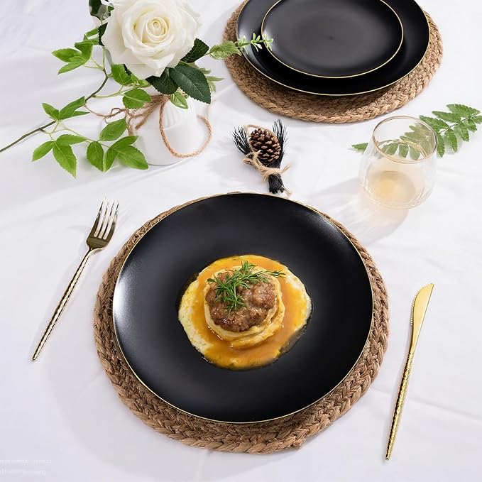 EI 80pcs Black and Gold Dinner Plates Disposable 10.25inch,Plastic Party Graduation Plates with Gold Rim,Black Plastic Matte plate Frosted Disposable Heavy Duty,Elegant for Wedding/Graduation