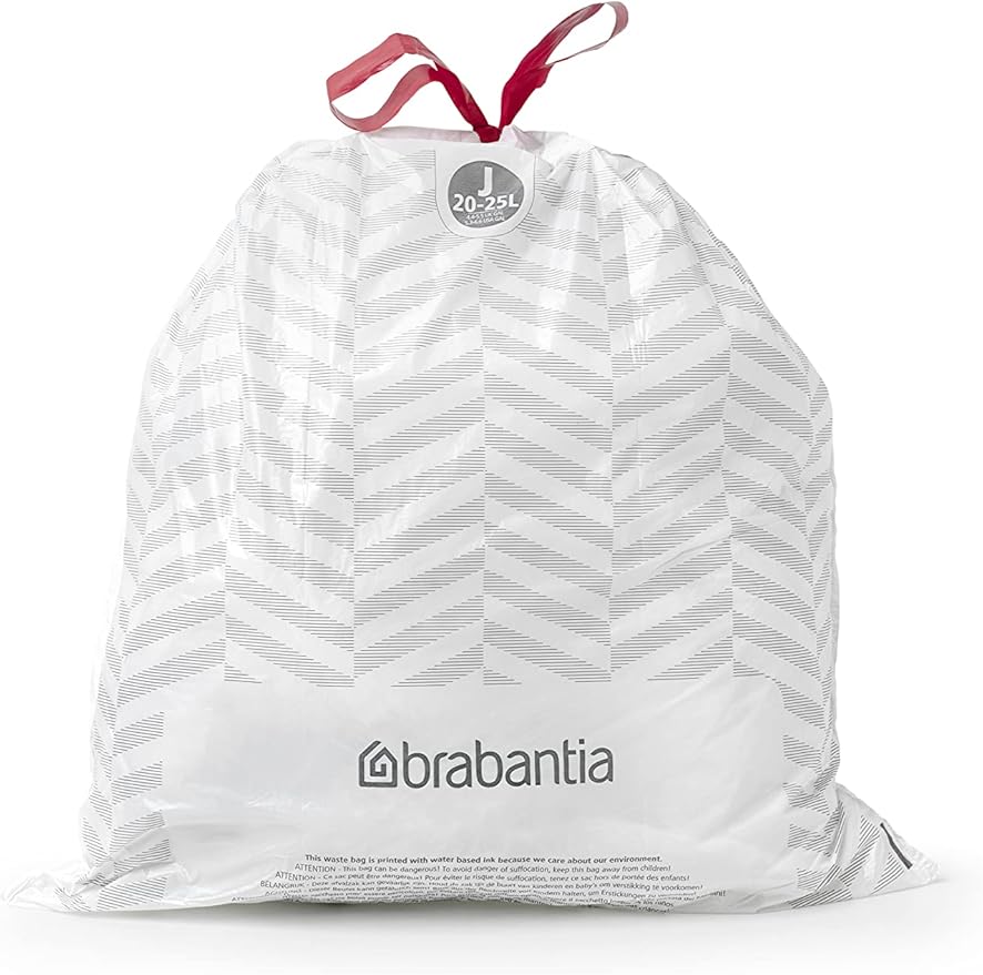Brabantia PerfectFit Trash Bags (Size J/5.3-6.6 Gal) Thick Plastic Trash Can Liners with Drawstring Handles (120 Bags)