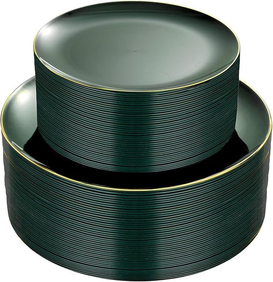 PULOTE 100PCS Green Plastic Plates - Green Disposable Plates With Gold Rim - Include 50 Pieces Dinner 10.25inch,50 Pieces Dessert 7.5inch for Party&Christmas
