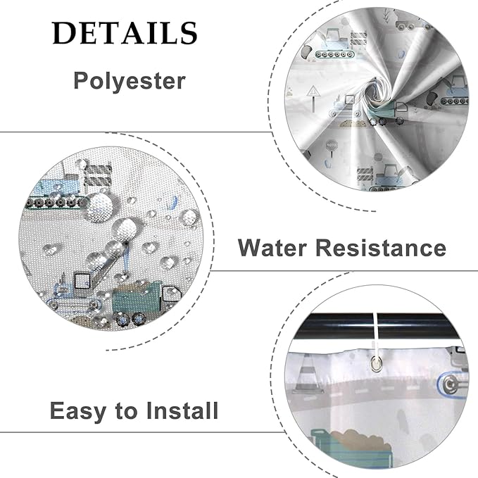 Excavator Kids Shower Curtain Sets Cartoon Construction Truck Tractor Car Bathroom Decor Fabric Polyester Waterproof 84x72 Inches with 14 Hooks for Boys Machinery Vehicle Bath Curtains