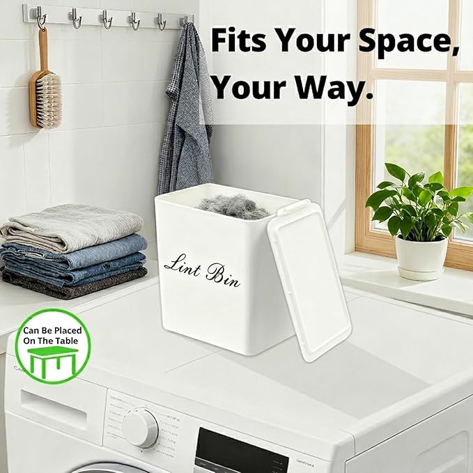 Artilife Magnetic Plastic Lint Bin with Lid for Laundry Room, 6 X 5 Inch Compact Wall Mount Lint Holder for Dryer, Small White ABS Trash Can for Dryer Lint and Sheets