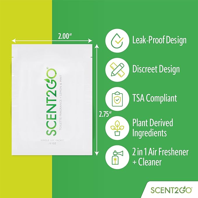 Scent2Go Toilet Fragrance Powder - Slim Travel Size Packet - Leak Lock Design - Plant Based Formula - Lemon + Mint - 40 Single Use Packets
