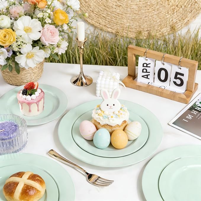 FLOWERCAT 200PCS Sage Green Plastic Plates Disposable Plates for Party - Elegant Plastic Plates - 10" &7" Plate for 100 Guests Spring Parties and Easter & Events
