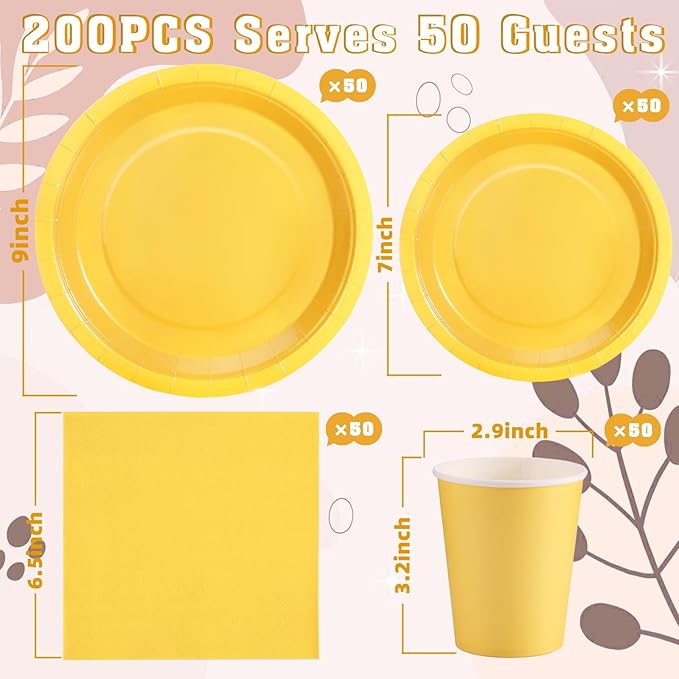 200Pcs Yellow Birthday Decorations, Yellow Plates and Napkins Party Supplies Serves 50, Yellow Paper Plates for Bee Sun Sunshine Baby Shower Easter Mardi Gras Spring Summer Party Decorations