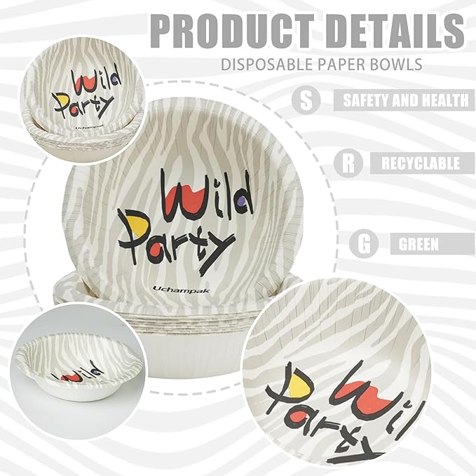 50 Pack Paper Bowls, 8 Oz Disposable Soup Bowl, Heavy Duty Printed Disposable Bowls Bulk For Snacks, Dessert, Breakfast, Lunch And Dinner Meals (Zebra Stripe)