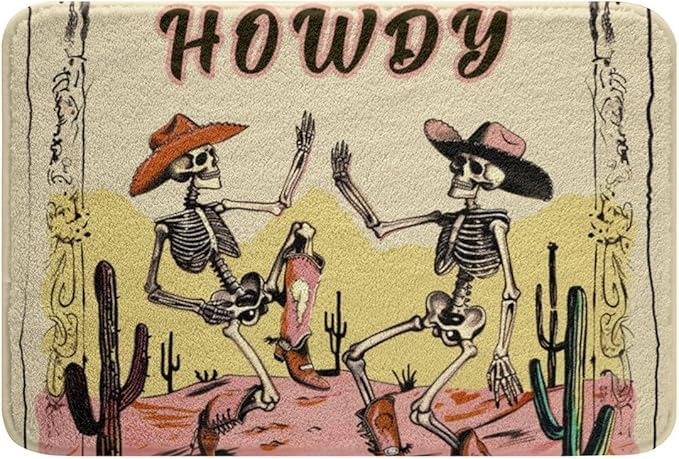 Manfei Western Bath Mats Western Cowboy Skeleton Bathroom Mats Rugs for Kids Boy Room Decor, Wild West Desert Cactus Bath Carpets, Non Slip Absorbent Plush Floor Mats, 20Wx32L Inches