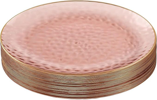 PLASTICPRO 30 Pack Hammered Plastic Plates Heavyweight Disposable Plastic Plates Elegant Clear Hammered Rim Platsic Party Dishes (Rose With Gold Rim, 7'' INCH PLATES)
