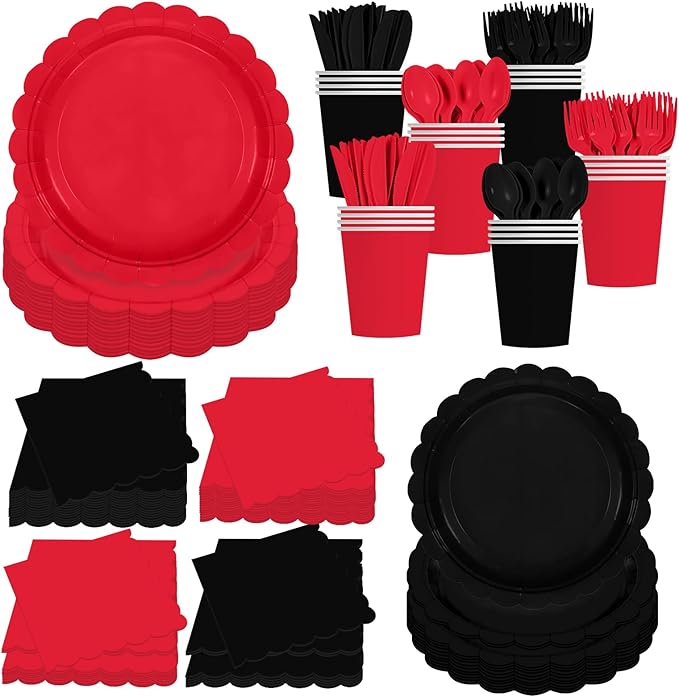 140Pcs Red and Black Party Supplies BlackRed Birthday Scalloped Plates and Napkins CarnivalDisposable Tableware Set for Wedding Fiesta HalloweenBirthday Party supplies Decor Serves 20