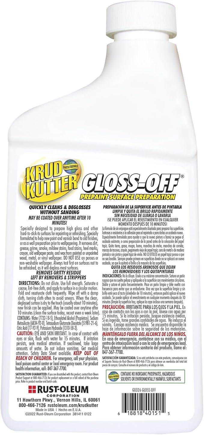 Krud Kutter Gloss-Off Prepaint Surface Preparation Cleaner, 32 oz, No Sanding Liquid Deglosser for Cabinets, Trim, Doors and Furniture, Removes Dirt Grease and Gloss for Paint Adhesion