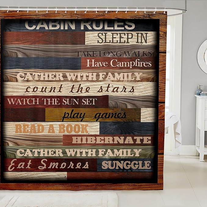 Feelyou Vintage Family Cabin Rules Bath Curtain Lettering Linen Shower Curtain for Kids Boys Colorful Wood Background Brown Red Bathroom Shower Curtain Set Colorful Kids Bathroom Accessories 72"x84"