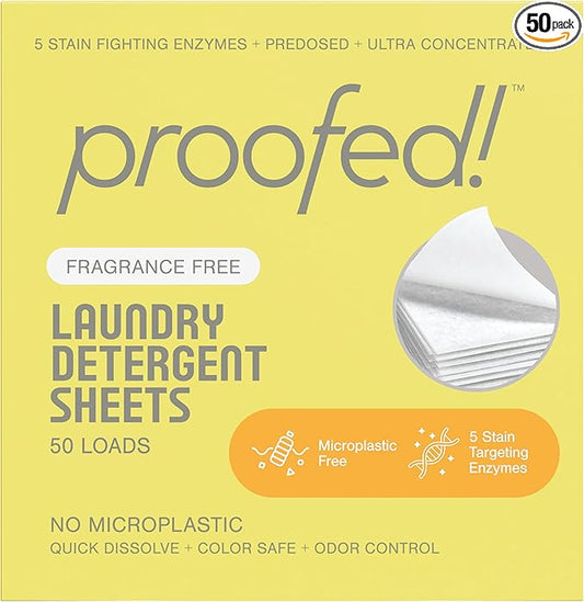 Proofed! Laundry Detergent Sheets, The Only 100% Plastic-Free Sheet, No PVA or PVOH, Hypoallergenic, Bio-Based Ingredients, Made in USA, Fragrance Free Unscented, 1 Box, 50 Count