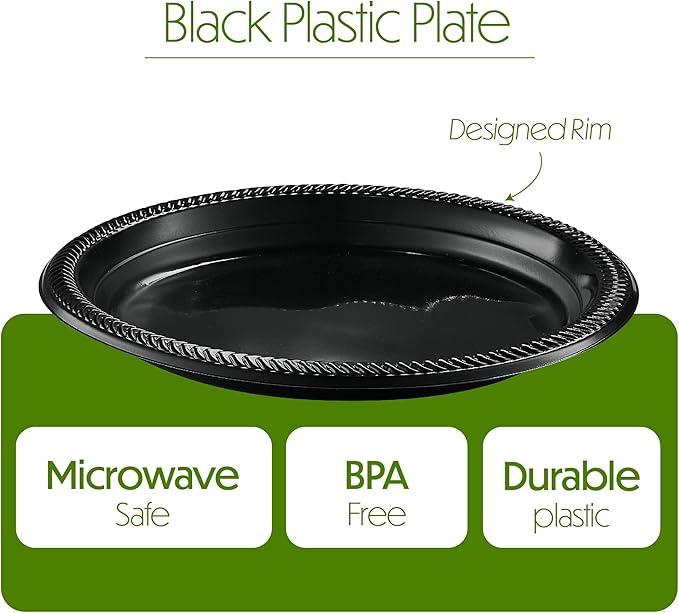 PLASTICPRO 100 PCS Black Plastic Plates Light Weight 10'' Inch Plastic Dinner Plates Black Plates Disposable for Party and Wedding