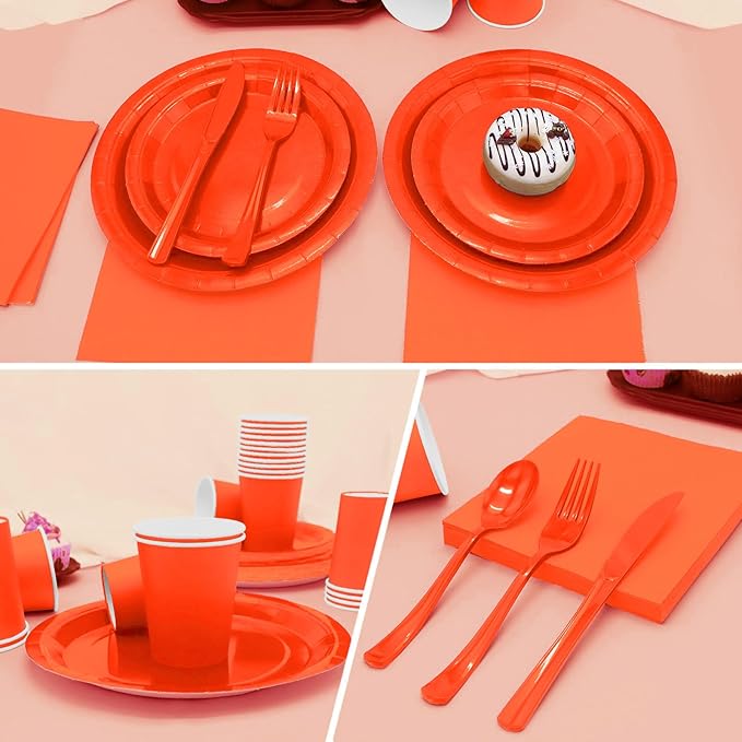 Orange Paper Plates Party Supplies,168pcs Orange Plates and Napkins Party Supplies for Halloween Thanksgiving Fall Orangee Birthday Decorations for Women Serve 24