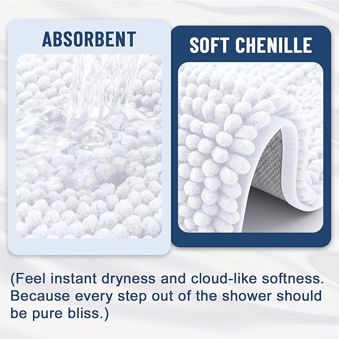 Grandaily Chenille Striped Bathroom Rugs 47x17, Extra Thick and Soft Absorbent Bath Mats, Rubber Backing, Plush Shaggy Shower Carpet, Machine Wash Dry, Bath Rug for Bathroom, Solid White