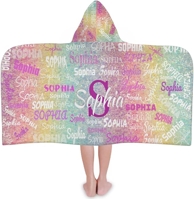 Custom Kids Hooded Beach Towel with Name, Swimsuit Cover-up Wrap Travel Holiday Bath Towel with Snaps, One Size, Colorful Rainbow Glitters Effect Name Ranked Print