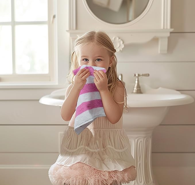 ORIGINAL KIDS Wash Cloth - Set of 12 Cabana Stripe Washcloths - 100% Cotton Yarn-Dyed Terry - 450 GSM Quick Dry Soft Absorbent Gentle Baby Face Towels for Bathroom Travel Daycare - 12x12 - Pink White
