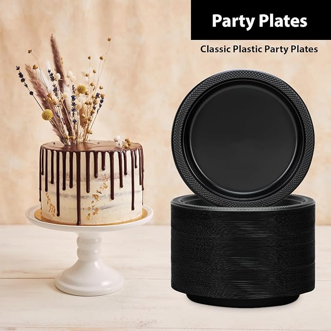 Hanna K. Signature Black Plastic Plates 7 Inch 600 Count – Heavy Duty Disposable Dessert Plates Bulk for Catering, Weddings & Events