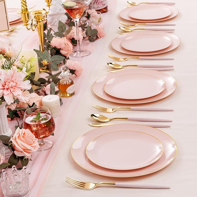 DaYammi 150Pcs Pink Plastic Plates with Gold Rim,Elegant Disposable Dinnerware with Gold Cutlery - 30 Dinner Plate,30 Dessert Plate,30 Knives,30 Forks,30 Spoons,Fancy Pink Plates for Party Wedding