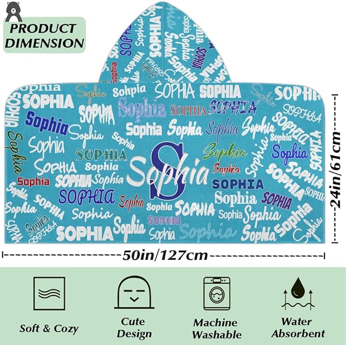 Custom Name Kids Hooded Bath Beach Towel Girls Boys, Swim Pool Cover Up Absorbent 50in x 24in, One Size, Wrap Bath Towels Beach Poncho, Sky Blue Solid Color
